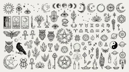Obraz premium A comprehensive collection of mystical and esoteric symbols, including celestial bodies, animals, occult icons, and astrological signs, rendered in a vintage illustration style.