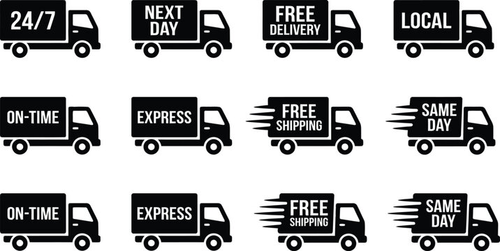 Set of delivery truck icons with shipping text labels for logistics and transportation concept shipping service same day next day free shipping