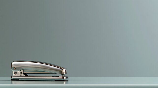 Office Oddities photo: a stapler on a desk with its top slightly open as if it is yawning, soft pastel grey background.