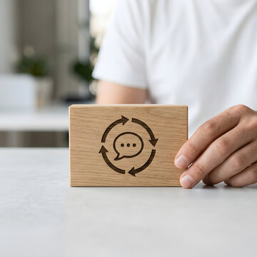 Wooden block featuring feedback icon with circular arrows held carefully by person indoors