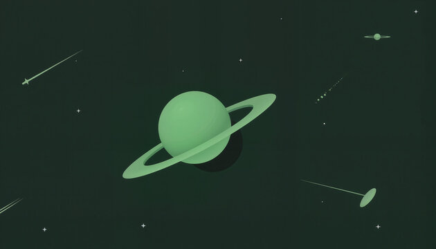 green planet with rings in a dark space background, depicting cosmic elements and stellar movement, concept space exploration