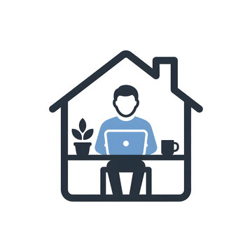 Remote worker sitting at home desk with a laptop computer inside house outline graphic icon