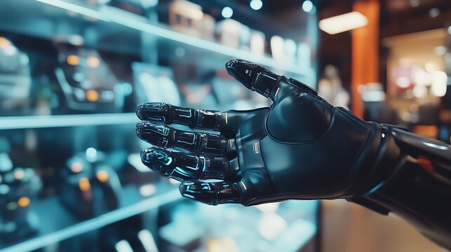 Close-up of a futuristic robotic haptic glove for immersive augmented reality and virtual reality experience in a modern technology showroom