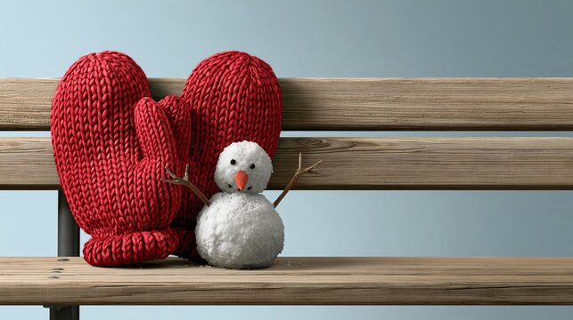 Winter Accessories photo: a pair of red mittens on a wooden bench with a tiny snowman figurine between them, pastel blue background.