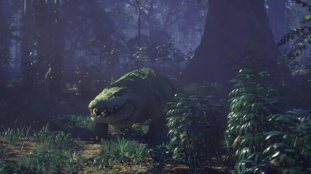 Dim forest crocodile blending with mossy ground, patterned skin mimicking ferns, bluegreen tones, stillness conveys patient concealment and natural armor formed