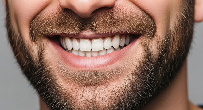 Close-up of a man's wide smile with healthy white teeth and a brown beard, showcasing oral hygiene and confidence, ideal for dental or grooming themes