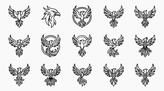 Set of hand drawn eagle and phoenix bird icons in black ink style
