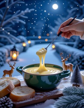 Warm Melted Cheese Fondue Pot Dipping Bread Winter Wonderland Culinary Food Scene