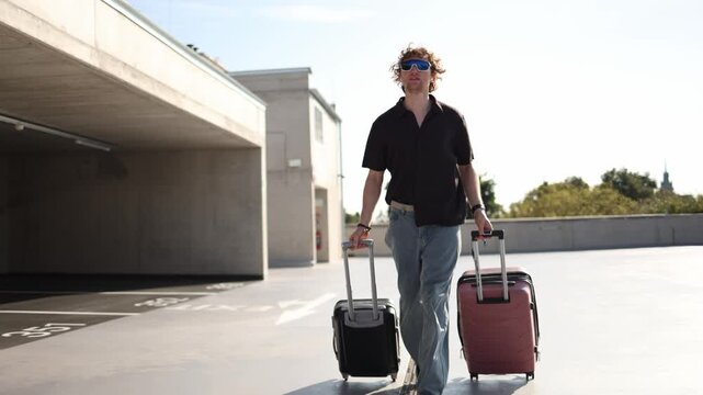 Young man runs with two suitcases rushing on vacation while dreaming about freedom new places sunny days exciting adventures and a long awaited break from everyday routine