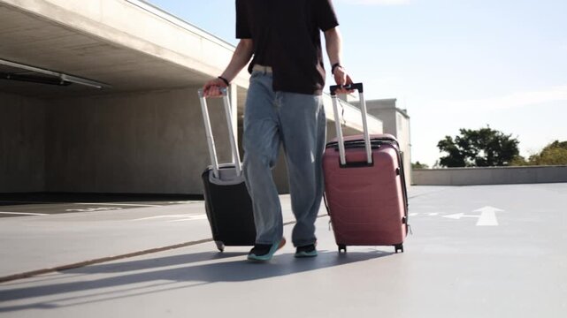 Young man runs with two suitcases rushing to catch his transport before departure while carrying heavy luggage and trying not to miss the start of his planned trip abroad