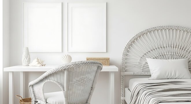 Cozy bedroom interior with a wicker bed frame and a wooden desk near a bright sunny window