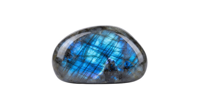 Polished labradorite gemstone with blue labradorescence, iridescent natural mineral stone, mystical healing crystal for jewelry and meditation isolated PNG with Transparent Background