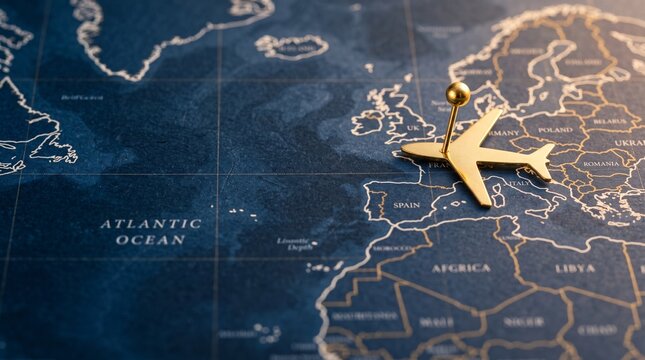 Golden airplane pin marker pinned on Europe map showing travel destination, International Civil Aviation Day and global flight route concept