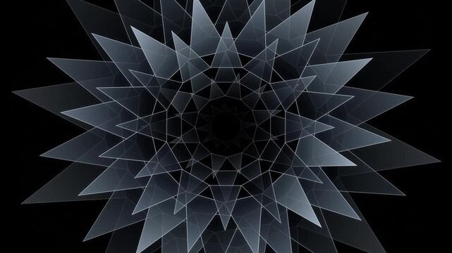 Abstract geometric star pattern with layered transparent triangles on a black background.