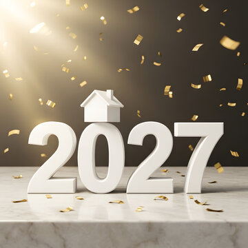 White house model resting upon numbers representing year twenty twenty seven with golden confetti falling