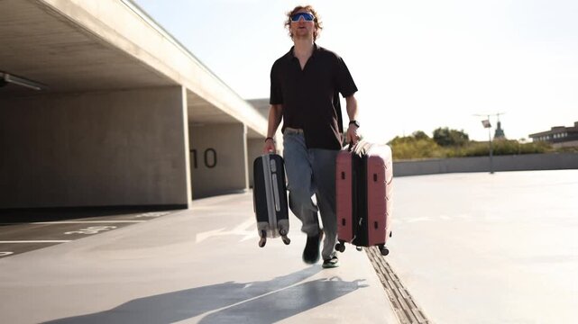 Traveling man hurries with two suitcases across a parking area heading toward his next destination ready for a new journey adventure and memorable vacation abroad holiday