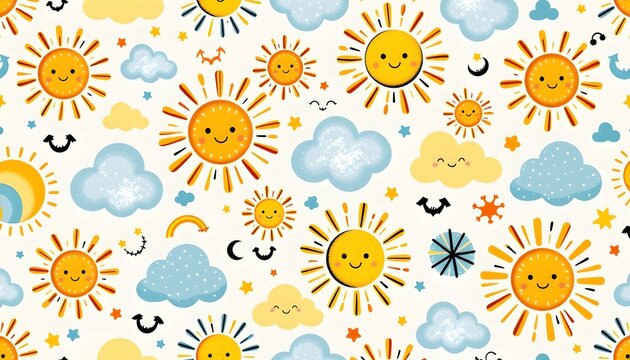 The image features a cheerful pattern of cartoon style suns with smiling faces, surrounded by various clouds, stars, moons, rainbows, and abstract shapes