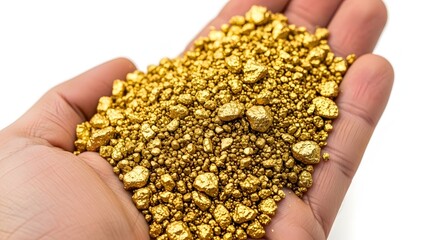 Fototapeta premium A person holds a generous pile of shiny gold nuggets in their hand