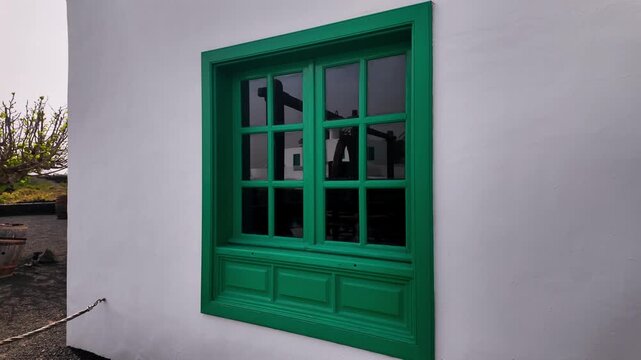 Green window on white building, Monumento al Campesino, Lanzarote, Spain