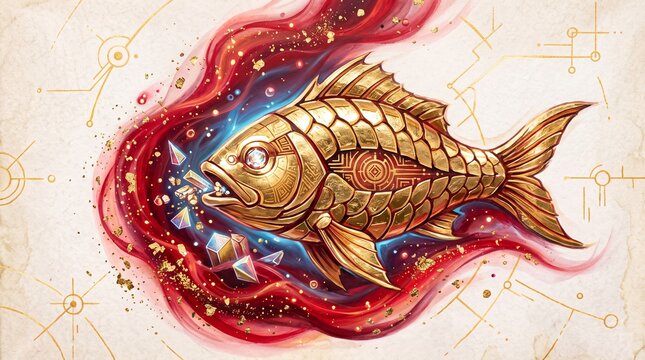 Golden ornate fish swimming through swirling red and blue cosmic fluid waves