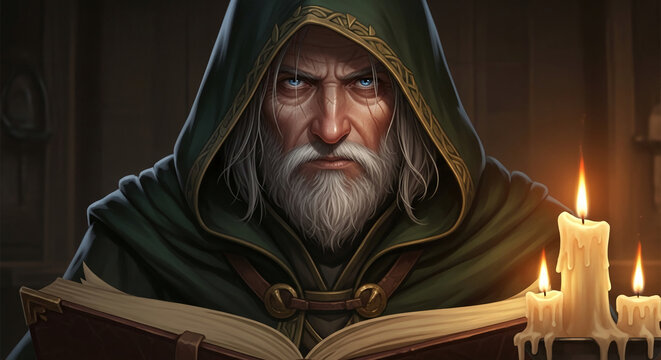 Close-up portrait of a wise old wizard with blue eyes, white beard, reading an ancient book by candlelight, symbolizing knowledge, magic, and mystery