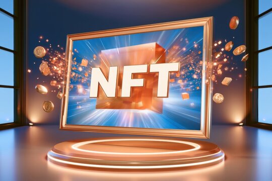 Glowing digital artwork with NFT text in golden frame surrounded by floating coins and light bursts