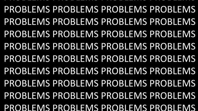 'Problems to Solutions' kinetic text waterfall transition animation on black background. Repeating rows of the word "PROBLEMS" scrolling from top to bottom then transition into the word "SOLUTIONS".
