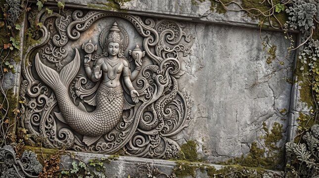 Stone relief carving of divine fish incarnation with ornate scrollwork