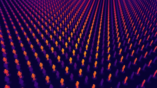 Grid matrix of glowing orange and purple digital human avatars stands organized in symmetrical rows within a cybernetic 3D environment