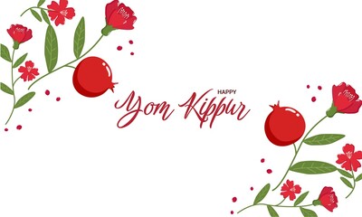 Decorative Yom Kippur greeting card with Happy Yom Kippur text in red script, surrounded by pomegranates, flowers, leaves, and seeds © Lipitorika
