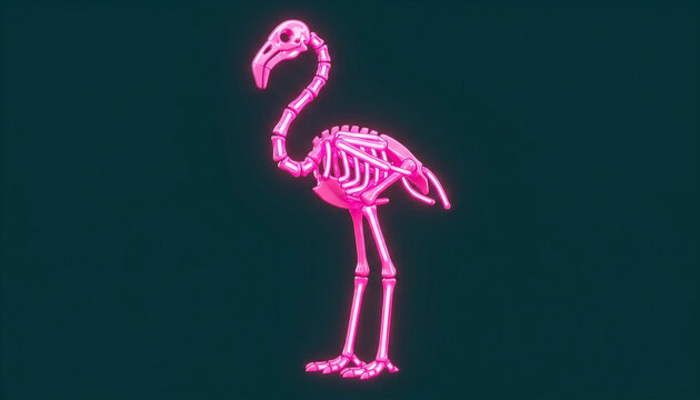 Glowing neon pink flamingo skeleton standing against a dark teal background, vibrant anatomical 3D illustration