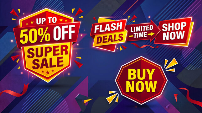 Vibrant sale banners announce discounts and deals, symbolizing exciting shopping opportunities and promotional events