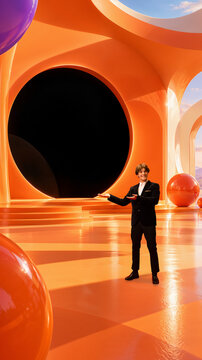 Cheerful young host presents mysterious black portal in orange fantasy hall with inviting enthusiasm. Seasonal advertising, event announcements, spooky entertainment concept.