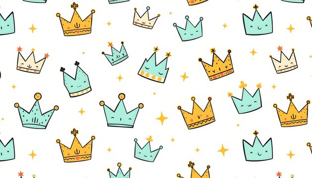 The image features a repeating pattern of cartoon crowns in various pastel colors, including yellow, blue, and beige