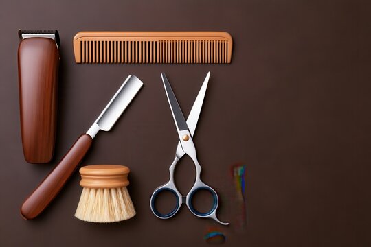 Elegant barbering tools flat lay with scissors clippers comb and brush on brown background