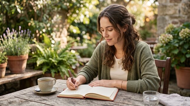 Young woman writing in a journal outdoors with a cup of tea