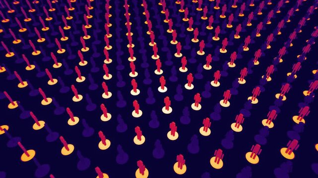 Orderly grid of red corporate avatars with illuminated glowing circular bases extends into the horizon across a purple 3D motion background