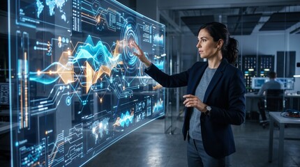 Fototapeta premium Woman Interacting With Futuristic Holographic Display Showing Data Analytics