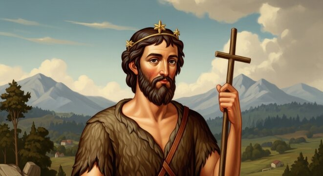 Sacred desert precursor: Saint John, Baptist preacher, wooden cross, mountain background, hair garment, gold crown, bearded face, divine messenger, solemn expression, St. icon.