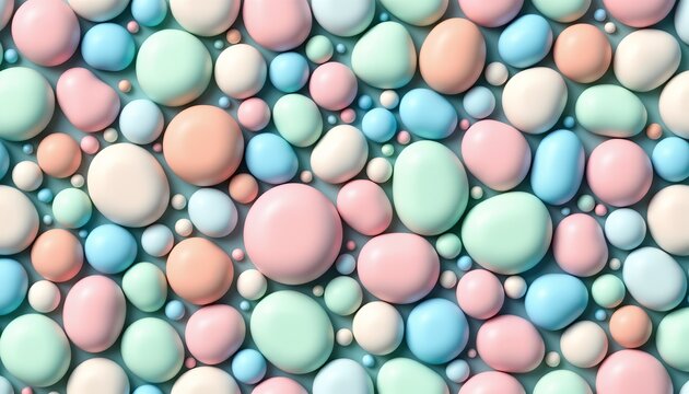 The image features a large collection of colorful, smooth, spherical objects of various sizes densely packed together