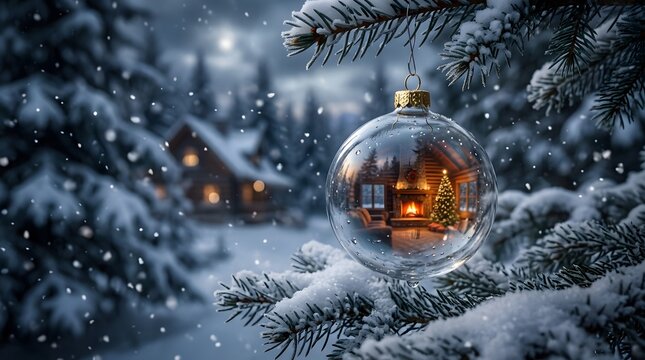 A serene winter landscape with a glowing christmas ornament reflecting a cozy warmly lit cabin in the snow