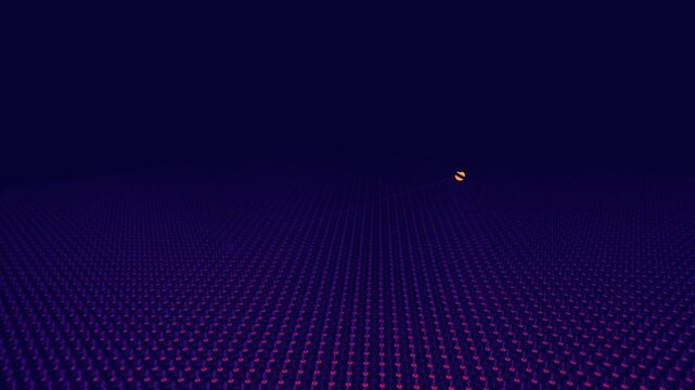 Distant lone glowing light node hovers over a vast dark purple field of microscopic grid elements in an expansive dystopian 3D environment