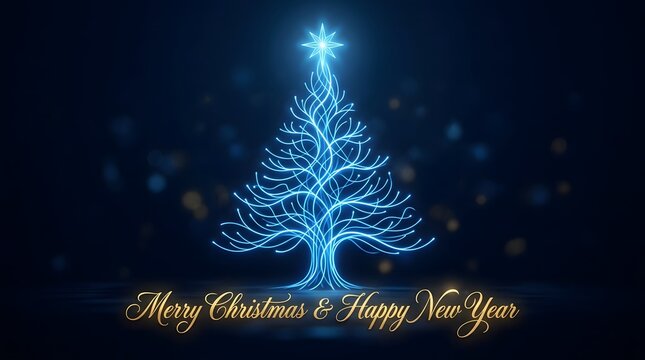 A stunning digital rendering of a christmas tree illuminated with vibrant blue lights and a sparkling star