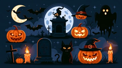 Fototapeta premium Set of Halloween Icons for Banners, Cards, and Social Media Wallpapers Featuring Pumpkins, Ghosts, and Bats