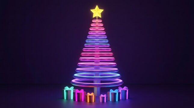 A vibrant and colorful neon christmas tree radiates joyful holiday cheer and festive spirit