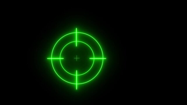 Glowing neon target icon animation on black screen. Neon aims cross, target search and aiming animation. Crosshair, gun aim, sniper target concept.
