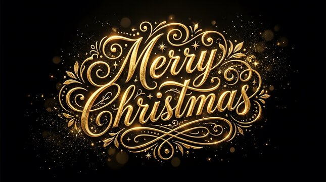 Elegant golden calligraphy reads 'merry christmas' against a dark blurred background with bokeh lights