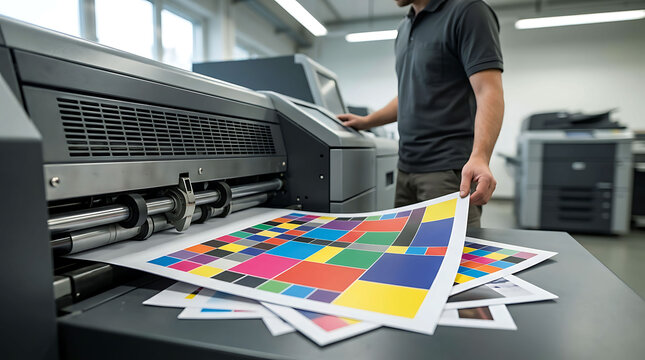 Professional operating large format printer in a modern print shop