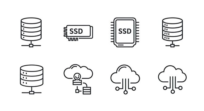 Set of data storage and cloud computing line icons including server ssd and network symbols