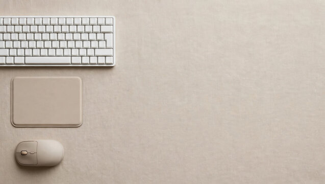 Neutral desk flat lay concept with keyboard mouse and touchpad arranged on minimalist workspace
